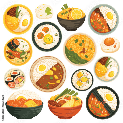 Variety of delicious asian food dishes presented in overhead view