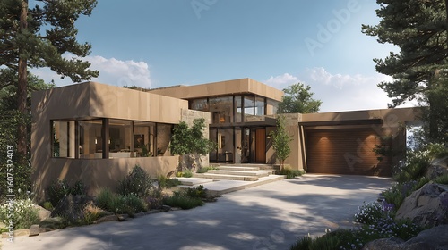 Modern house stands among greenery. Architecture, exterior, lifestyle, nature, design. For real estate, web, or marketing.