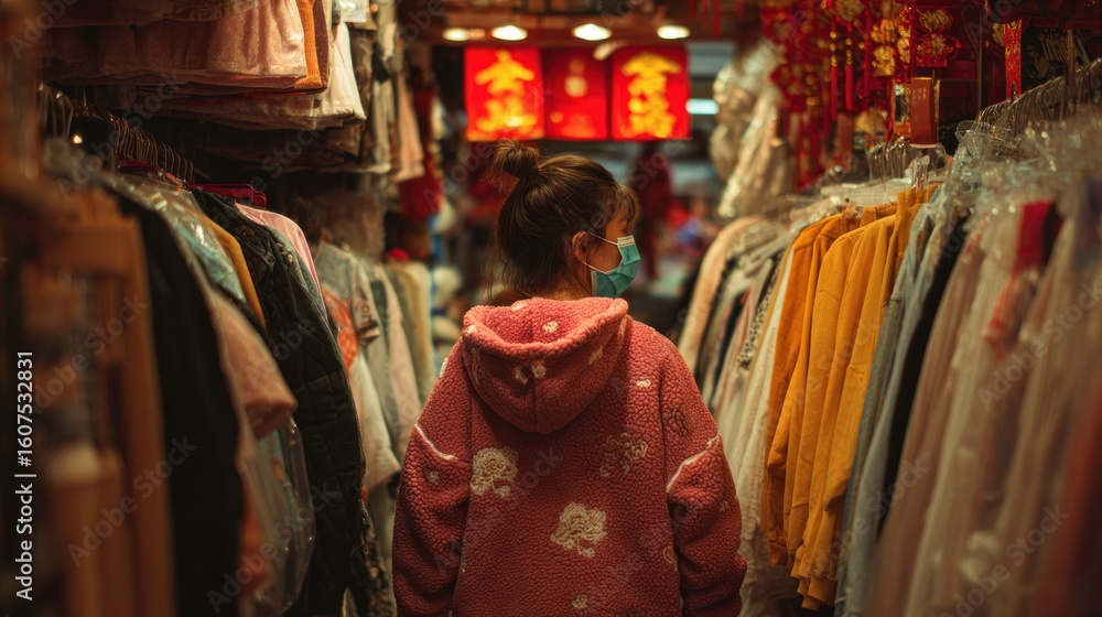 Naklejka premium Child exploring a clothing shop