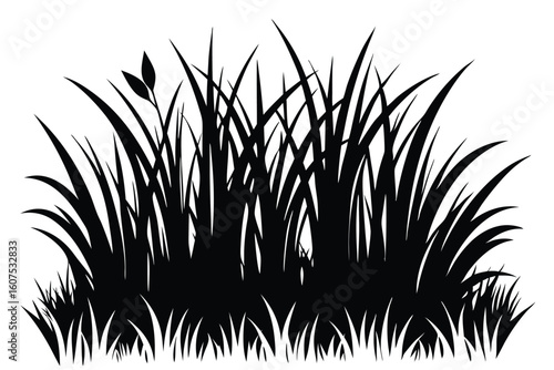 Black Silhouette of Grass and a Small Plant, Simple Vector Illustration Element