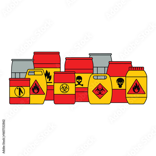 Collection of hazardous material containers with warning symbols