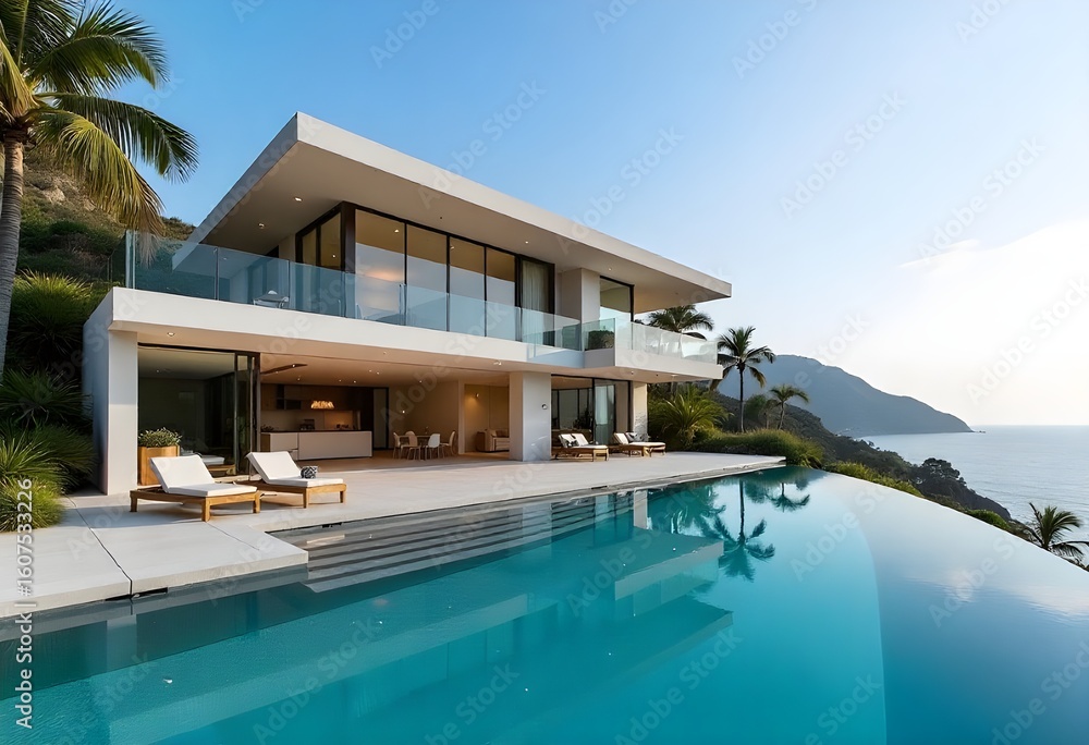 Fototapeta premium 3d rendering of new concrete house in modern style with pool and parking for sale or rent and beautiful landscaping on background. The house has only one floor. Summer sunny day with clear blue sky.