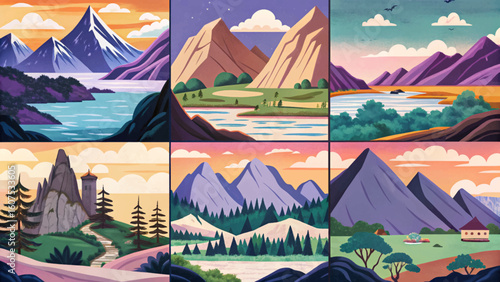 Flat vector landscape set with sunrise forest, sunset hills, foggy mountain terrain, and lakeside view. Ideal for posters, brochures, covers, web design, and prints