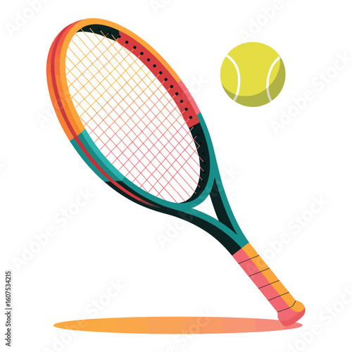 Colorful tennis racquet and ball on white background