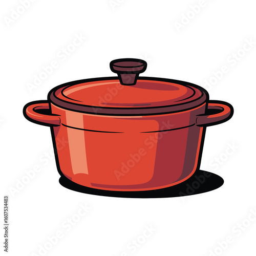 Red cooking pot with handles and lid