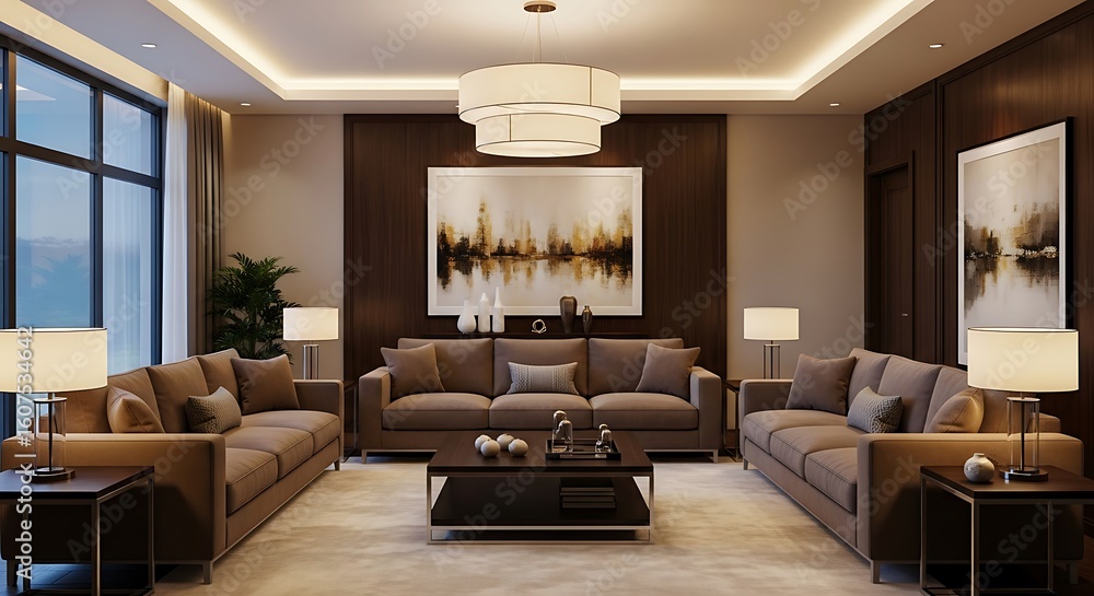 Fototapeta premium Warm and elegant dining interior room with soft lighting and wooden accents