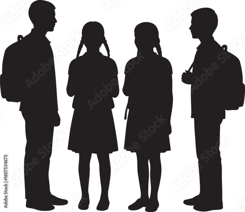 Four children silhouettes with backpacks isolated on white background silhouette