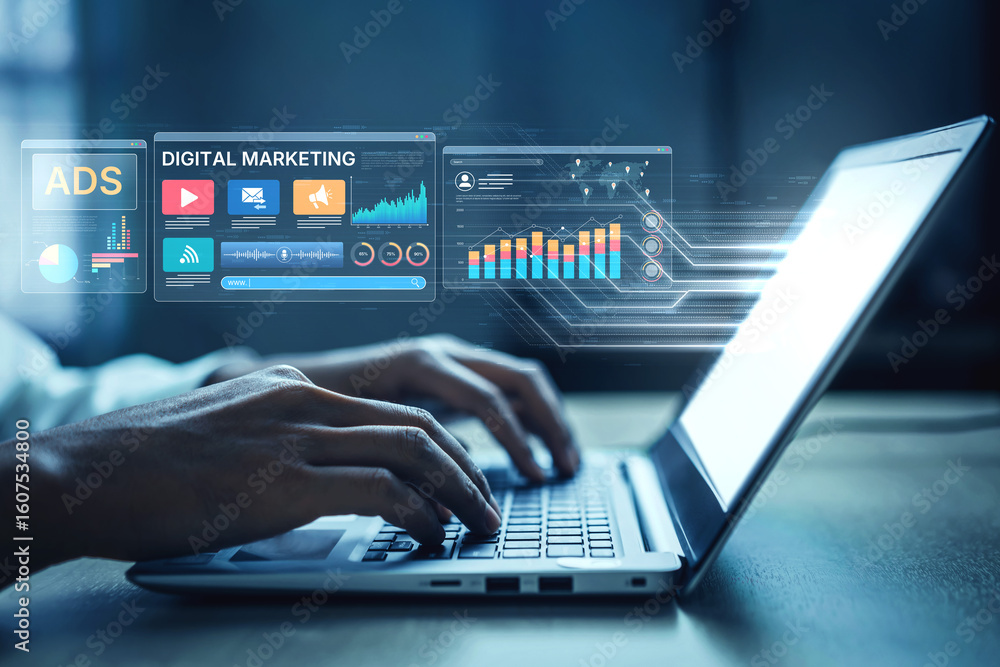 Obraz premium Online ads and digital marketing help brands grow. Content marketing builds engagement. Marketing tools boost ROI. Effective ads and marketing drive online business success. Spline