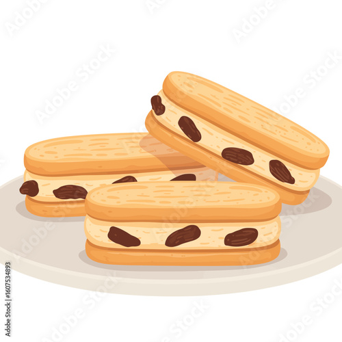 Three delicious sweet biscuits filled with cream and raisins on a plate