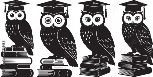 Four wise owl silhouettes wearing graduation caps on books isolated on white background