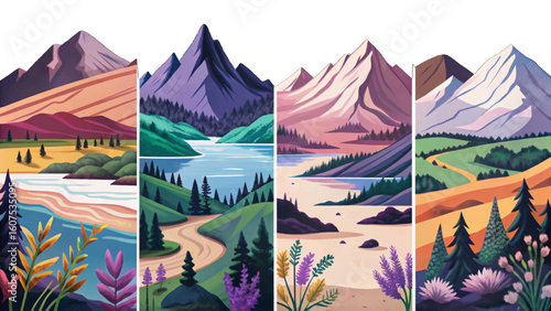 Flat vector landscape set with sunrise forest, sunset hills, foggy mountain terrain, and lakeside view. Ideal for posters, brochures, covers, web design, and prints
