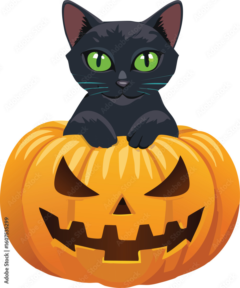 Fototapeta premium Black cat sitting on a carved pumpkin, Halloween 