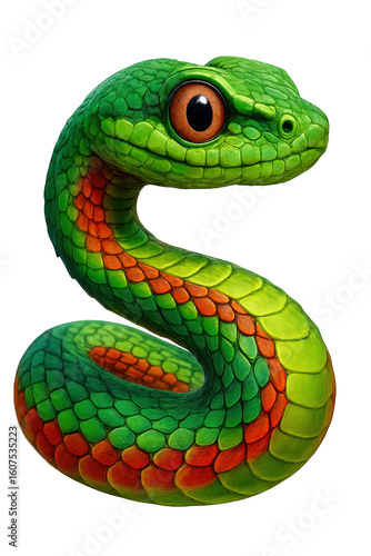 Green and orange snake forming an s shape looking intensely with transparent background