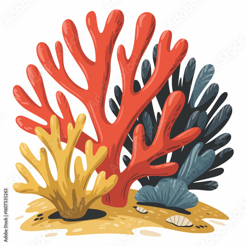 Vibrant red and yellow coral reef with green seaweed