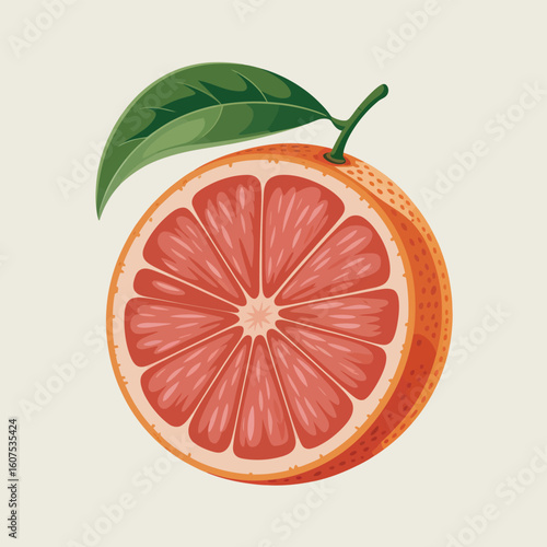 Vibrant watercolor illustration of a fresh grapefruit half with a leaf