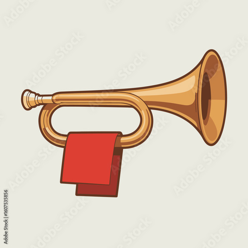 Brass bugle with a red cloth hanging from it