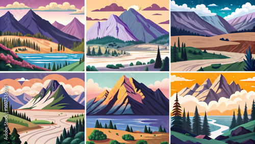 Flat vector landscape set with sunrise forest, sunset hills, foggy mountain terrain, and lakeside view. Ideal for posters, brochures, covers, web design, and prints