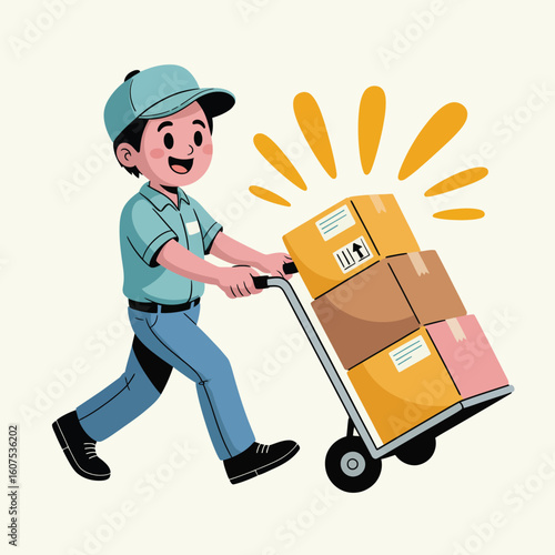 Delivery man with a cart full of packages arriving with a smile