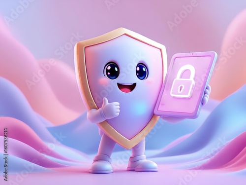 Cute shield character gives thumbs up holding phone with lock icon