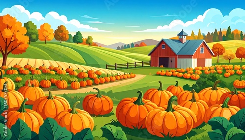 Autumnal pumpkin patch landscape with a red barn