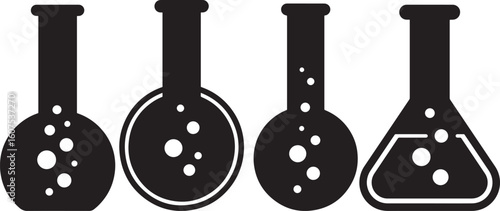 Four laboratory flasks with bubbles silhouette isolated on white background
