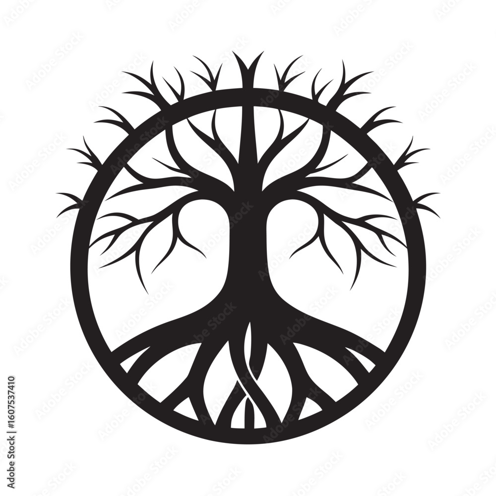 Tree Of Life With Peace Symbol Roots Silhouette Illustration Tree Of Life With Peace Symbol Roots Silhouette Illustration