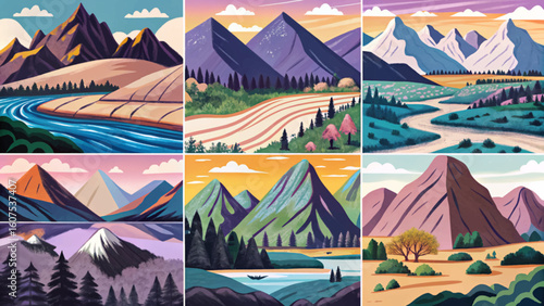 Flat vector landscape set with sunrise forest, sunset hills, foggy mountain terrain, and lakeside view. Ideal for posters, brochures, covers, web design, and prints