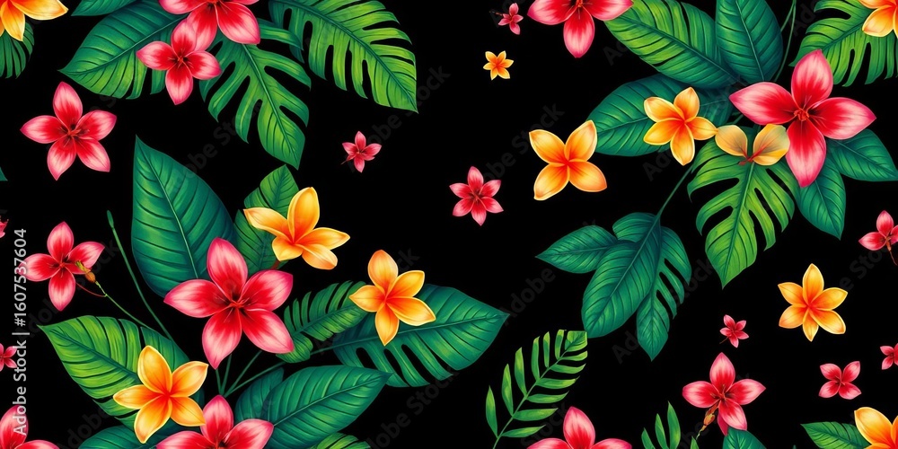 Vibrant tropical leaves and flowers in a seamless vector pattern on black , leaves, bright Vibrant tropical leaves and flowers in a seamless vector pattern on black , leaves, bright