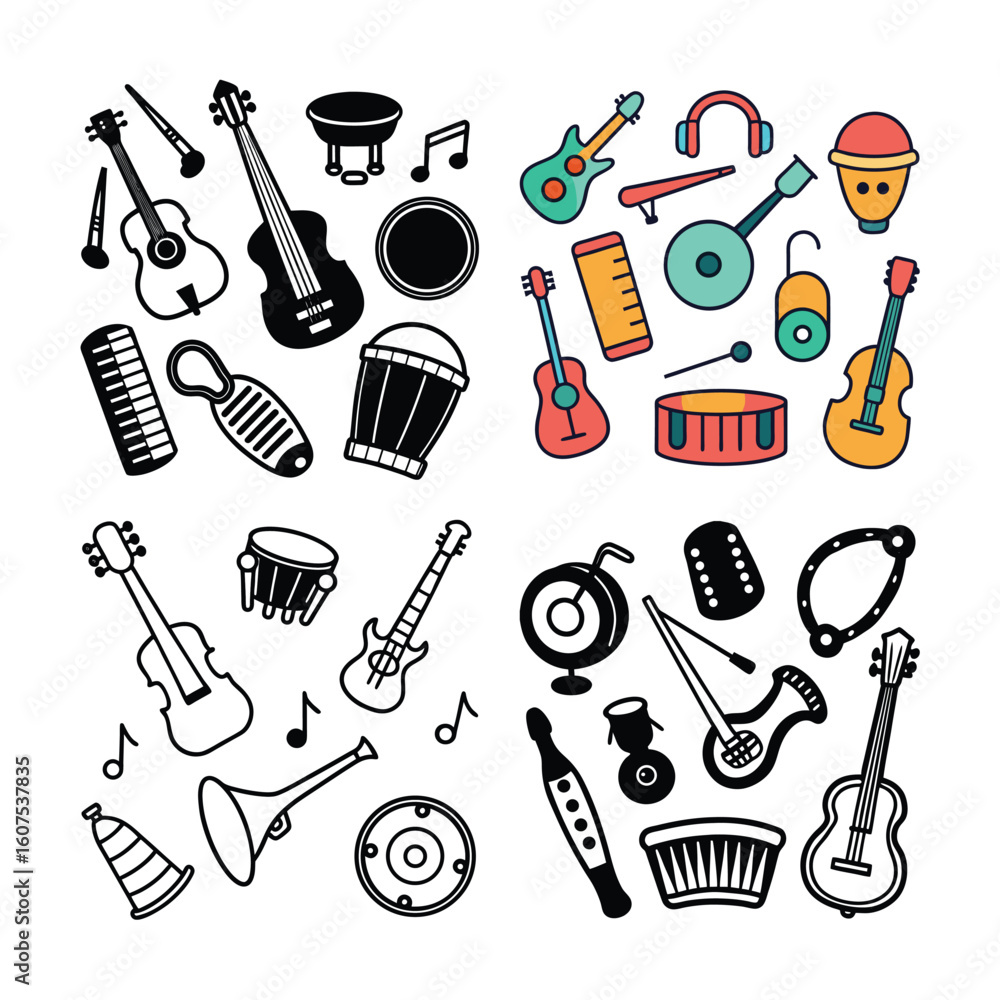 Obraz premium Vector art of various musical instruments and accessories illustration