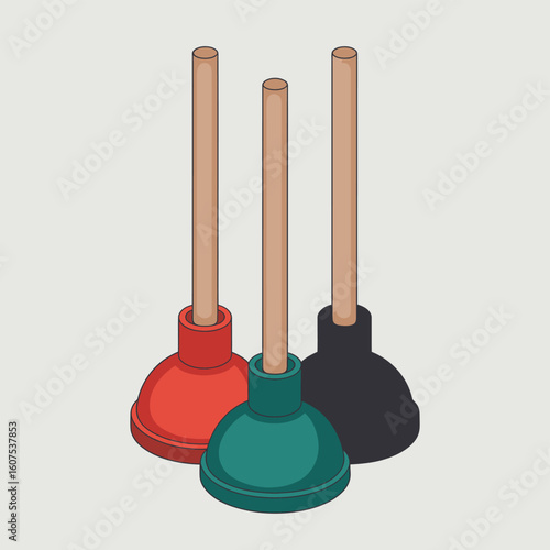 Three colorful plungers with wooden handles arranged together