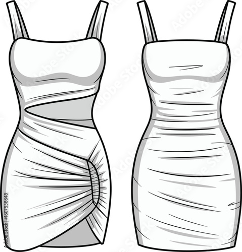 Elegant white fashion dresses, bodycon silhouette, ruched and cut-out detail, stylish formal wear for women, trendy clothing for parties
