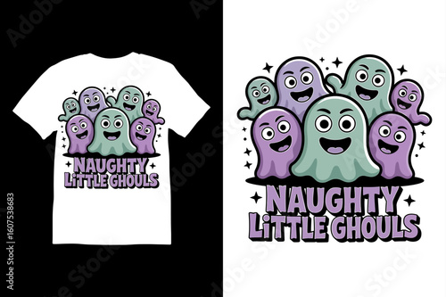 Naughty Little Ghouls Halloween T-shirt design with white background.