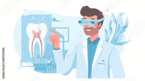 Vector Illustration of AR-Assisted Endodontic Surgery with Tooth Root Visualization