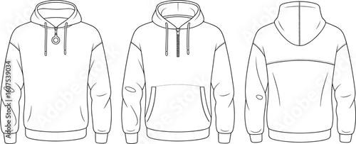 Front, Back, Side View Hoodie Design Template, Fashion Drawing Illustration for Apparel Brands, Casual Streetwear Clothing, Modern Garment Sketch