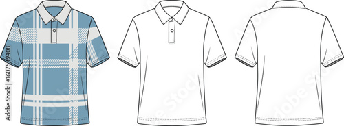 Polo shirt vector template, front and back view illustration, plaid pattern fashion mockup, apparel design sketch, clothing branding layout