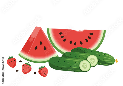 A watermelon and cucumber medley with strawberries  seeds
