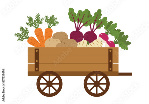 Cart filled with vegetables carrots potatoes beets turnips and radishes