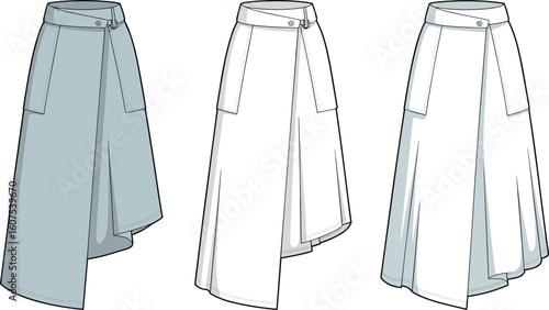 Stylish asymmetrical skirts with high waist, front pockets, layered hem, button closure design in blue and white fashion illustration, trending