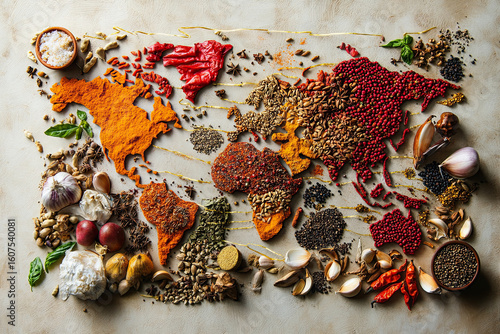World map made from colorful spices and herbs on wooden background, creative global cuisine concept with international cooking ingredients and aromatic seasonings

