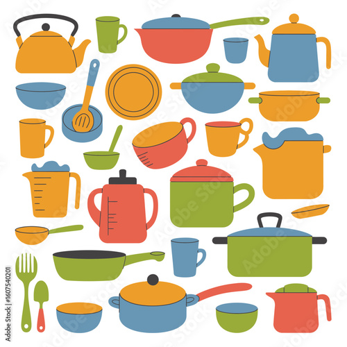 Colorful collection of kitchenware and cooking utensils