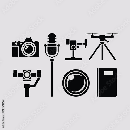 Collection of modern video and audio recording equipment icons