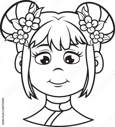 Adorable niña de dibujos animados con moños de flores lista para colorear y divertirse creativamente.