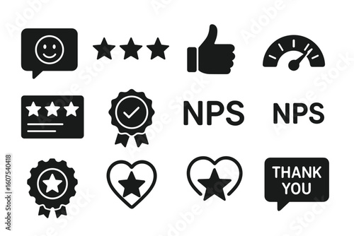 Set of Feedback and Rating Icons Including Stars, Thumbs Up, and Thank You Speech Bubble