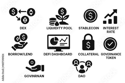 Nine DeFi Concept Icons Including DEX, Liquidity Pool, and DAO in Black and White
