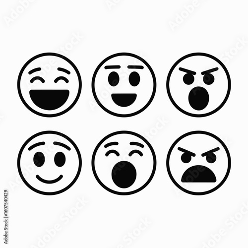 Collection of six cartoon emoji faces showing different emotions in black and white