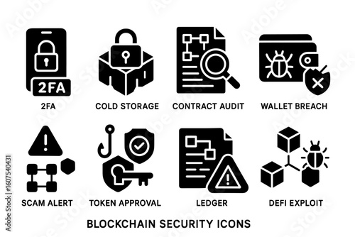 Vector Set of Blockchain Security Icons Including 2FA, Cold Storage, and Smart Contract Audit