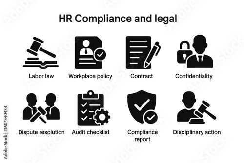 HR Compliance and Legal Icons Set - Workplace Policy, Contracts, Confidentiality and More