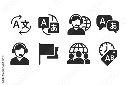 Translation and Global Communication Icon Set with Speech Bubbles and Headset Symbols
