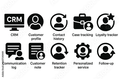 CRM Functionality Icons Set Including Customer Profile, Case Tracking, and Loyalty Tracker