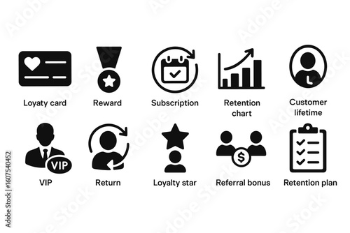 Black Icons Representing Customer Relations and Marketing Strategies